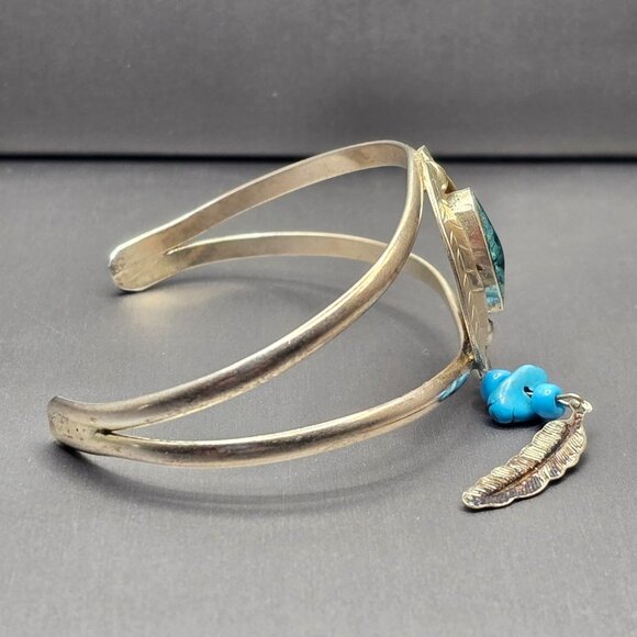 VTG Southwestern Sterling Silver Bracelet 6.75" Crushed Turquoise Feather Charm - Picture 4 of 15